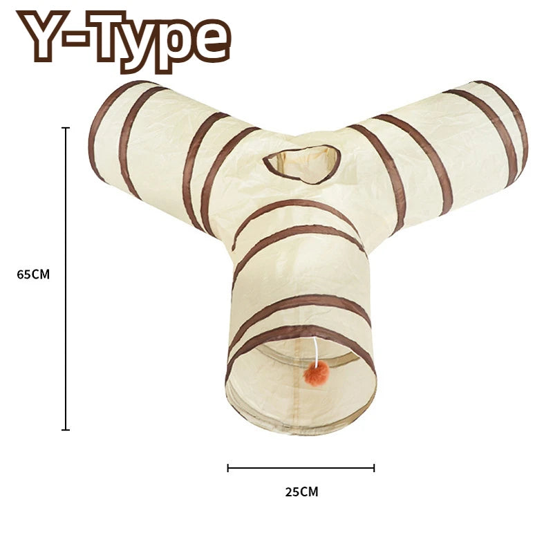 Y-Type foldable pet play tunnel for cats and small animals with striped beige fabric