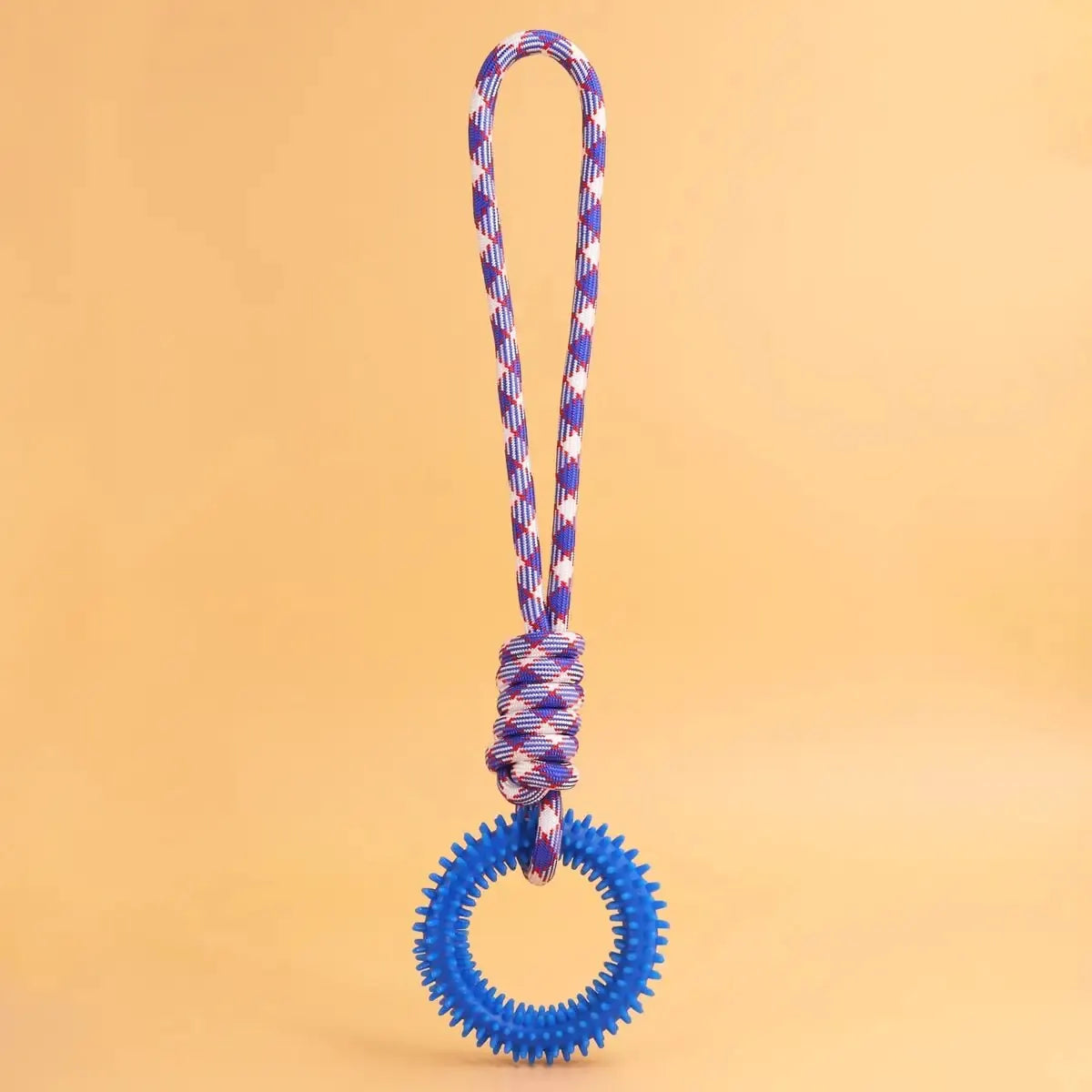 A blue and white braided dental chew ring for dogs with a serrated edge.