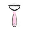 A pink and black stainless steel pet detangling comb for dogs and cats.