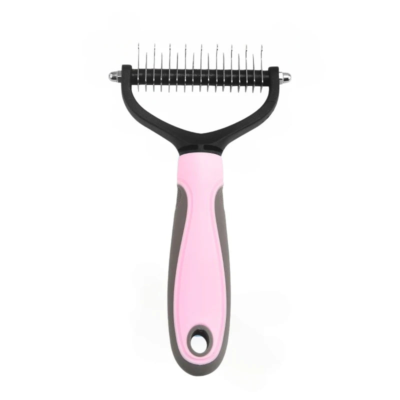 A pink and black stainless steel pet detangling comb for dogs and cats.