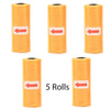 Five rolls of orange reusable pet poop bag dispensers with red arrows on the side