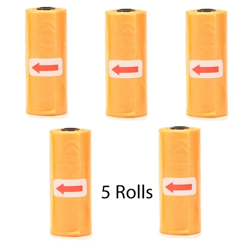 Five rolls of orange reusable pet poop bag dispensers with red arrows on the side