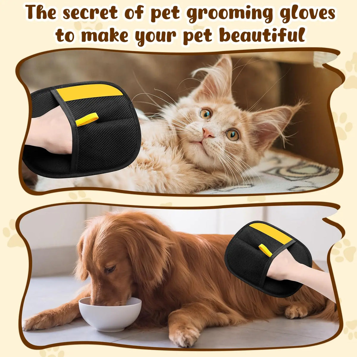 A cat and a dog are shown using black pet grooming gloves with yellow accents for hair removal.