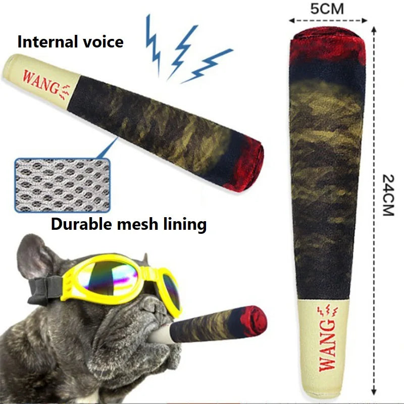 A long, plush dog toy with a durable mesh lining and a WANG brand label is shown next to a cat interacting with the toy.