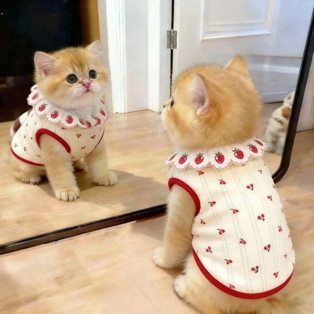 Ruffled Collar Cat Strawberry Vest with Cherry Pattern