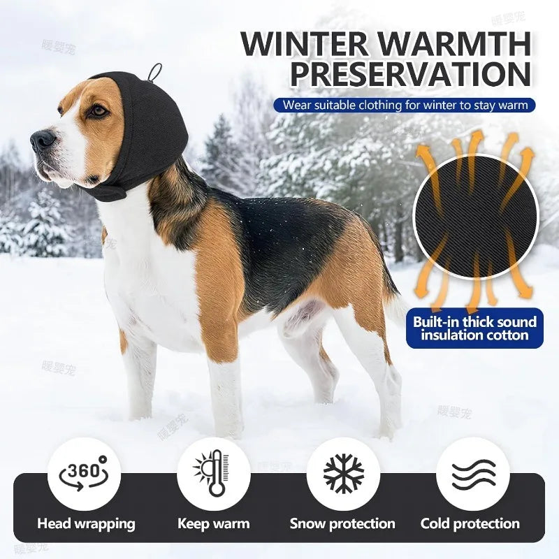 Un perro vistiendo un pañuelo negro para la cabeza, diseñado para el calor y protección invernal.