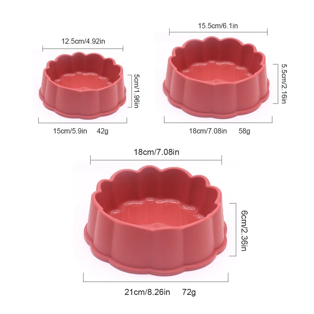 A set of three pink non-slip pet feeding bowls with various diameters and capacities.