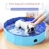 A white dog is swimming in a blue foldable pet scrubbing bowl or bathtub.