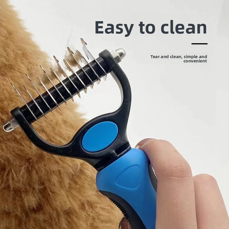 A hand holds a black pet deshedding brush with metal teeth, positioned against a fluffy brown dog coat.