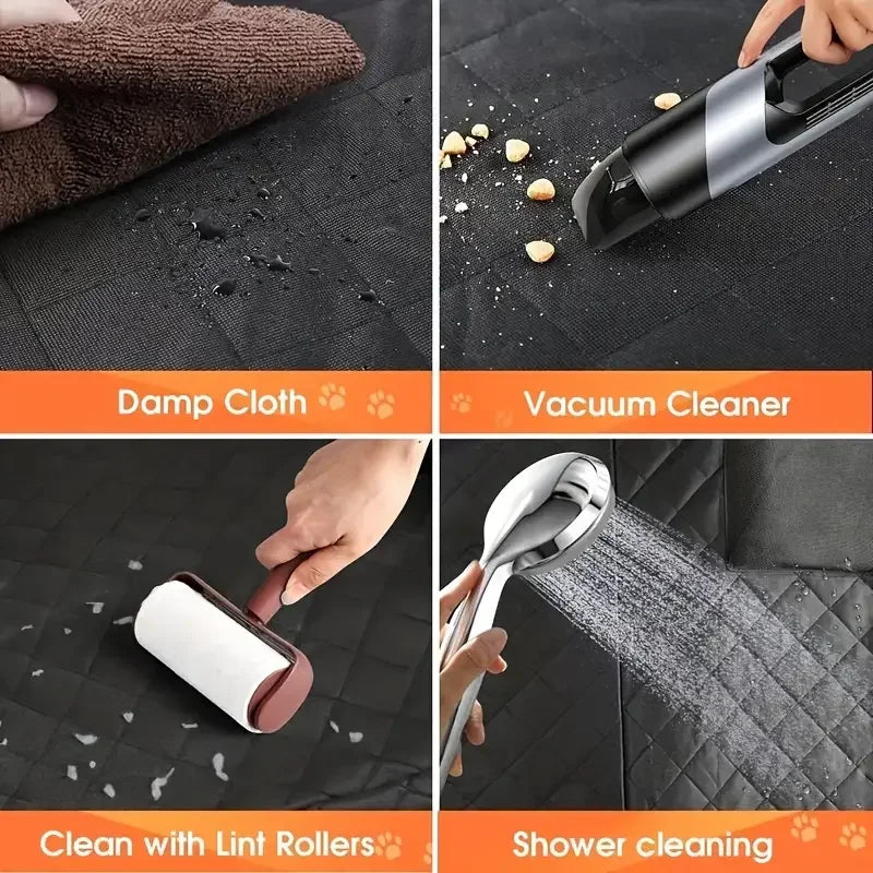 Various cleaning methods shown for a waterproof dog car seat cover including damp cloth, vacuum cleaner, lint rollers, and sh