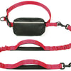 A red and black retractable bungee leash for dogs shown in various configurations.