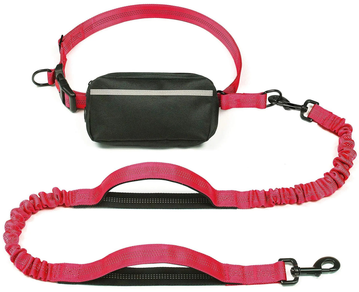 A red and black retractable bungee leash for dogs shown in various configurations.