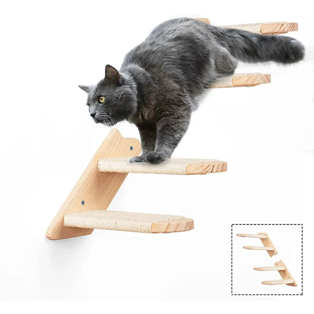 A gray cat is climbing a wooden wall-mounted hammock for play.