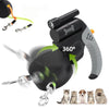 A black double dog retractable leash with a built-in LED flashlight and various attachments.