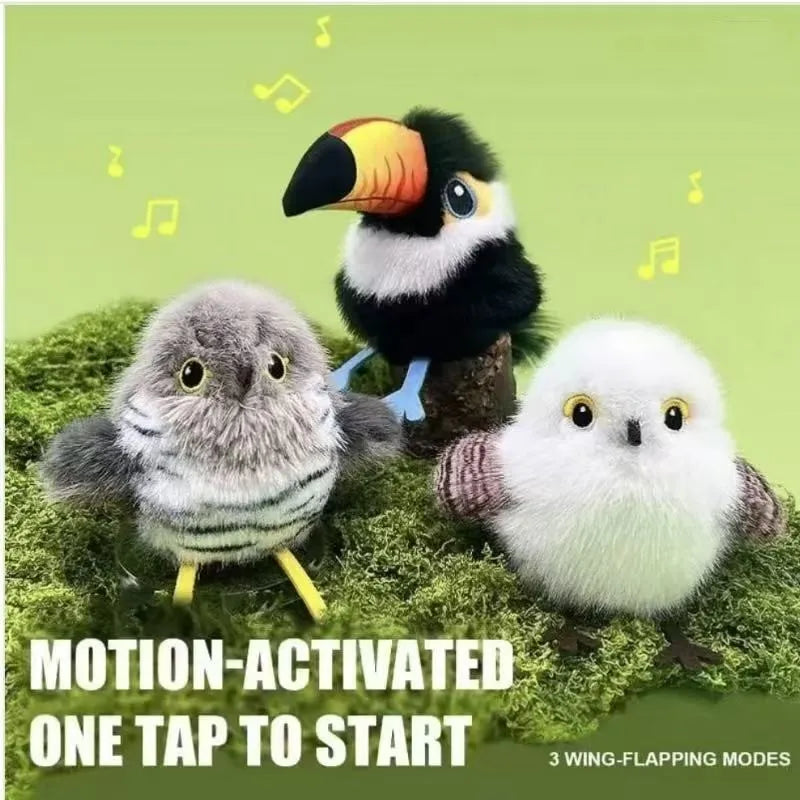A photo showing three small, fluffy bird toys with different colors and textures on green moss.