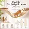 A fluffy orange cat is climbing a wooden bridge and ladder designed for cats to play, climb, and explore.