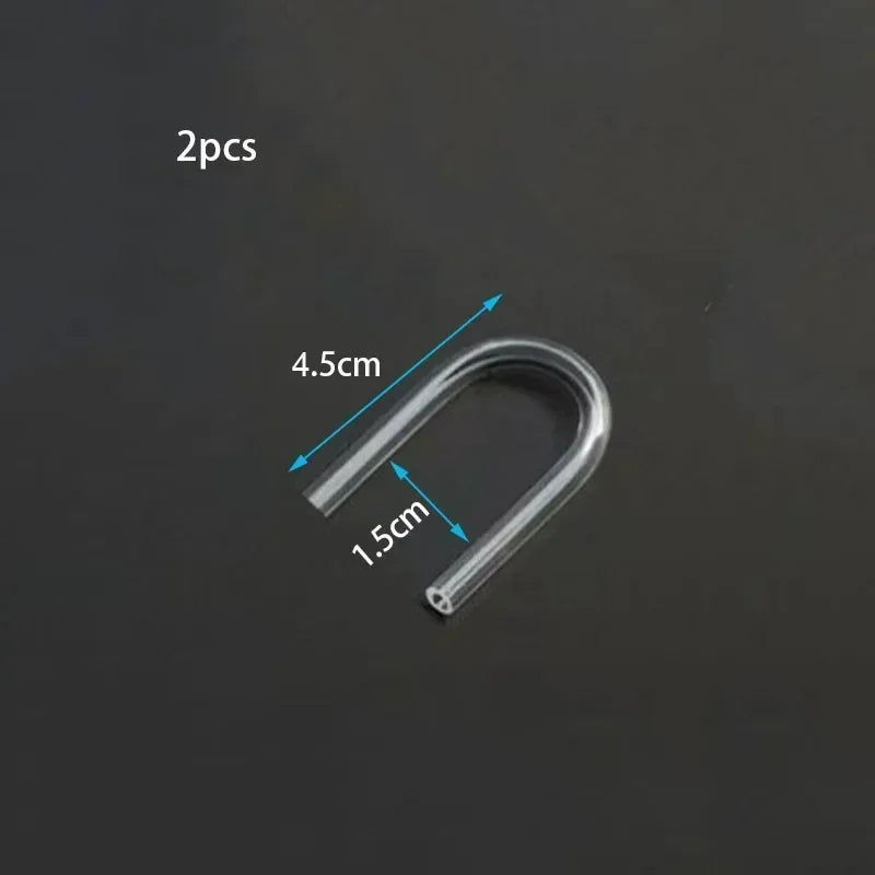 Two clear acrylic aquarium air tubing connectors, measuring 4.5cm and 1.5cm respectively.