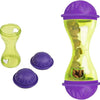 A purple and yellow interactive cat food dispensing ball toy with a clear container and a purple ball.