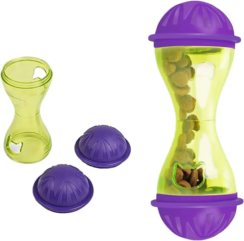A purple and yellow interactive cat food dispensing ball toy with a clear container and a purple ball.