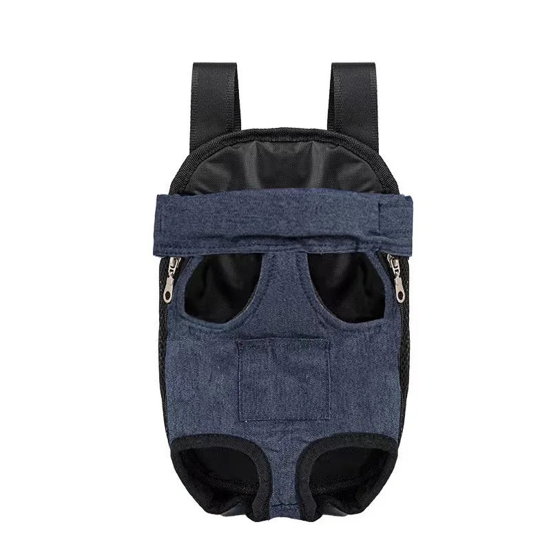 A dark blue outdoor camouflage dog carrier backpack with black straps and zippered openings.