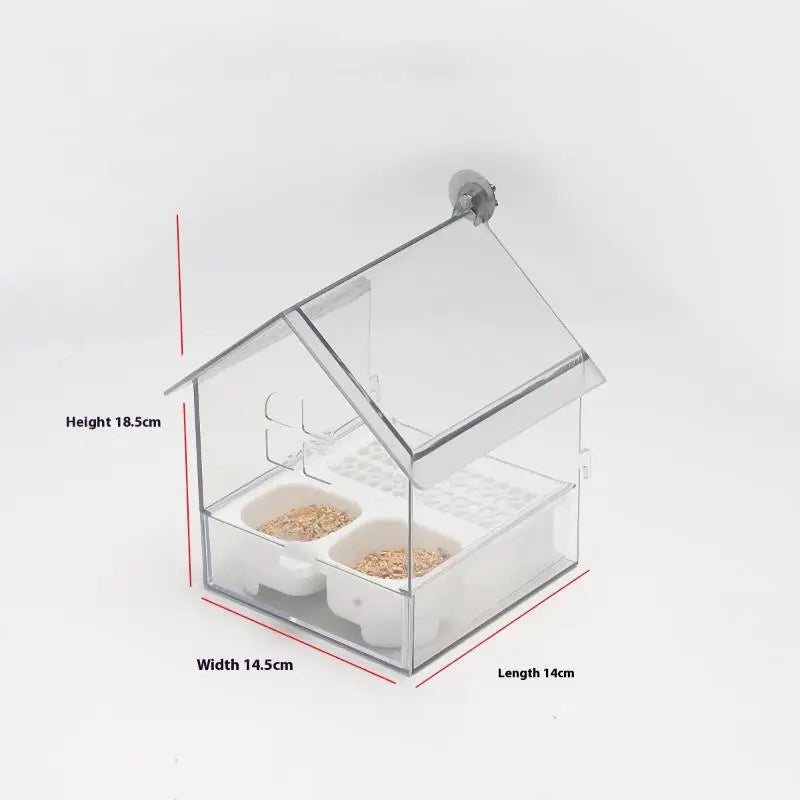 Clear acrylic parrot feeder and bird bath accessory with a slanted roof and multiple seed compartments