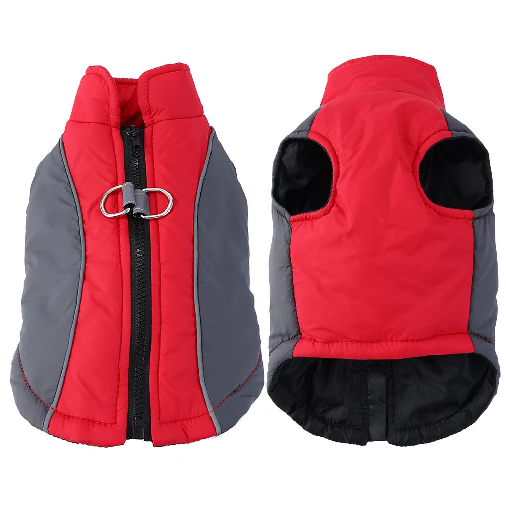 Gilet réfléchissant imperméable rouge et gris pour chien, vue de dos.