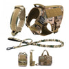 A tactical dog harness set featuring a collar, chest harness with MOLLE pouches, and a leash.