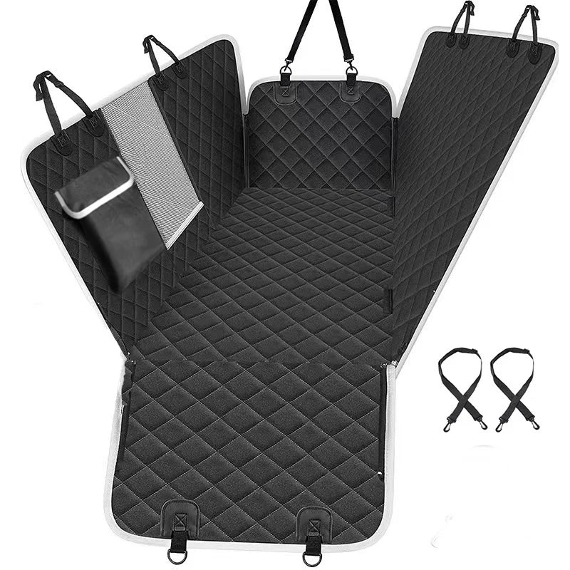 Black waterproof dog car backseat cover with mesh pockets and straps