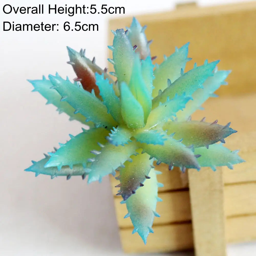 A vibrant blue artificial succulent plant with spiky leaves displayed in a wooden box.