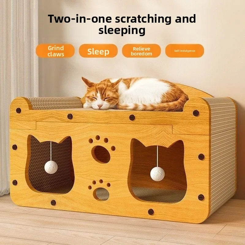 2-in-1 Cat Scratcher House with Hideout and Lounge Bed