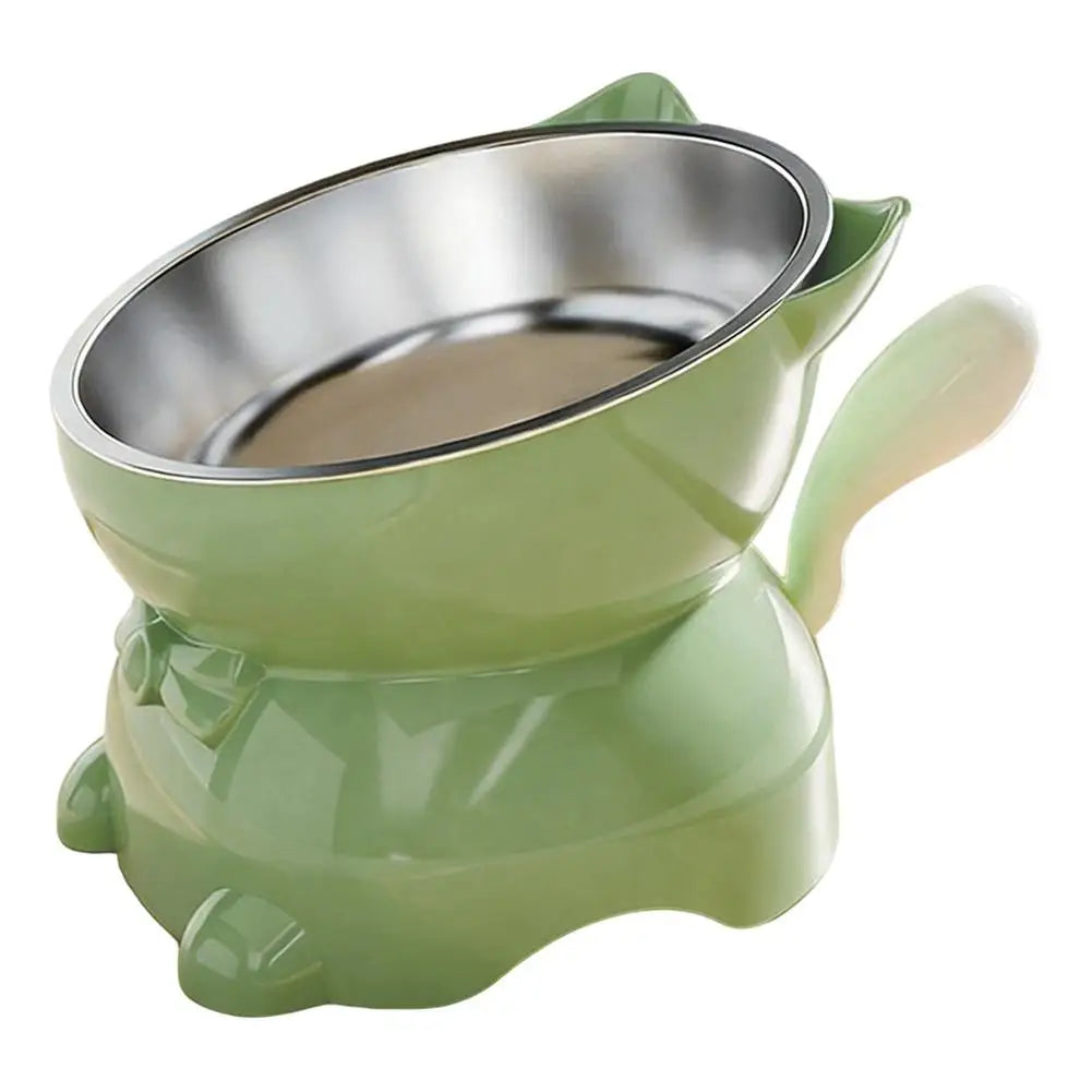A light green elevated cat bowl with a stainless steel insert and a matching ceramic base.