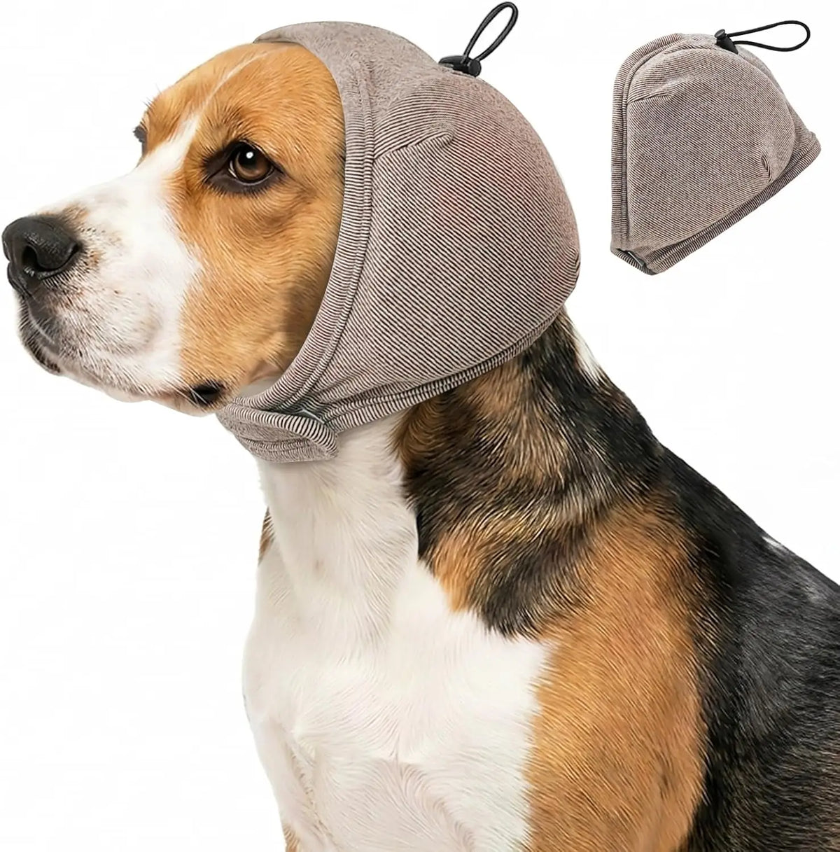 Un perro usando un casco gris calmante diseñado para aliviar la ansiedad.