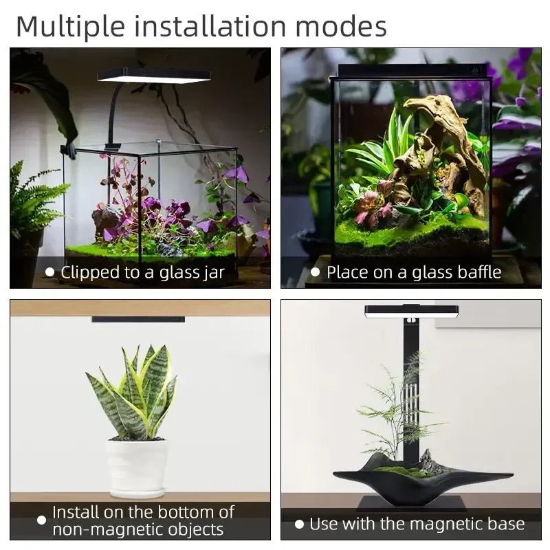 Multiple installation modes for the Week Aqua Mini9 Pro USB Aquarium Light, including glass jar, glass baffle, potted plant, 