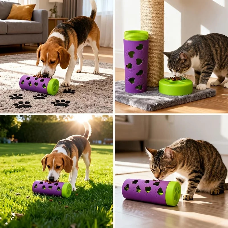 A purple slow feeder treat dispenser for dogs and cats is shown being used by a dog and a cat in various outdoor and indoor s