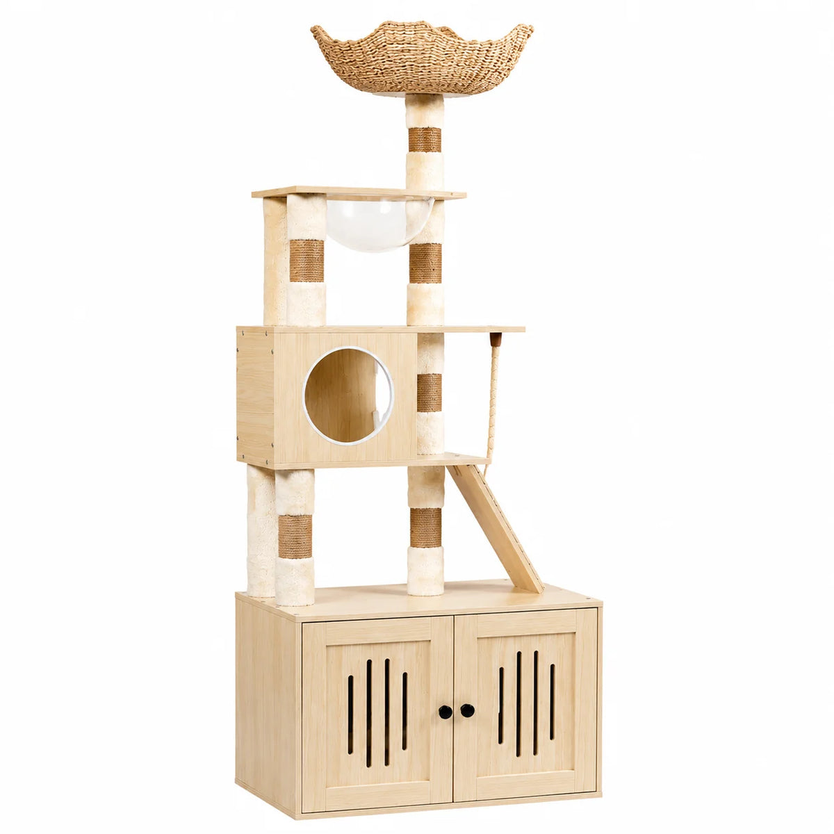 A light wood cat tree with a woven perch, litter box enclosure, and storage cabinet.