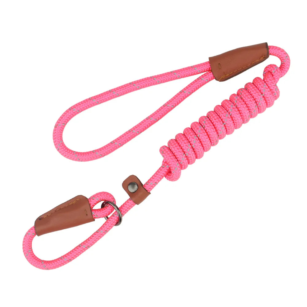 A pink reflective P-shape dog leash with brown leather accents and a knotted handle.