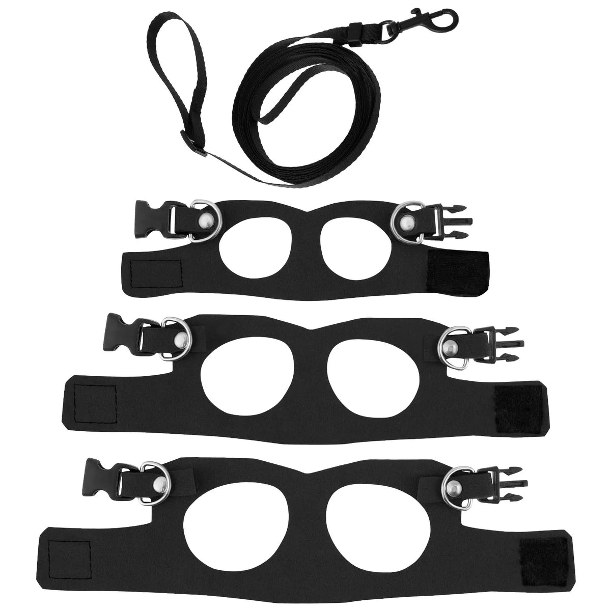 Black soft leather harness and leash set for small pets shown in various sizes
