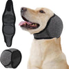 A light-colored dog wearing a gray adjustable ear cover, with separate ear covers shown.