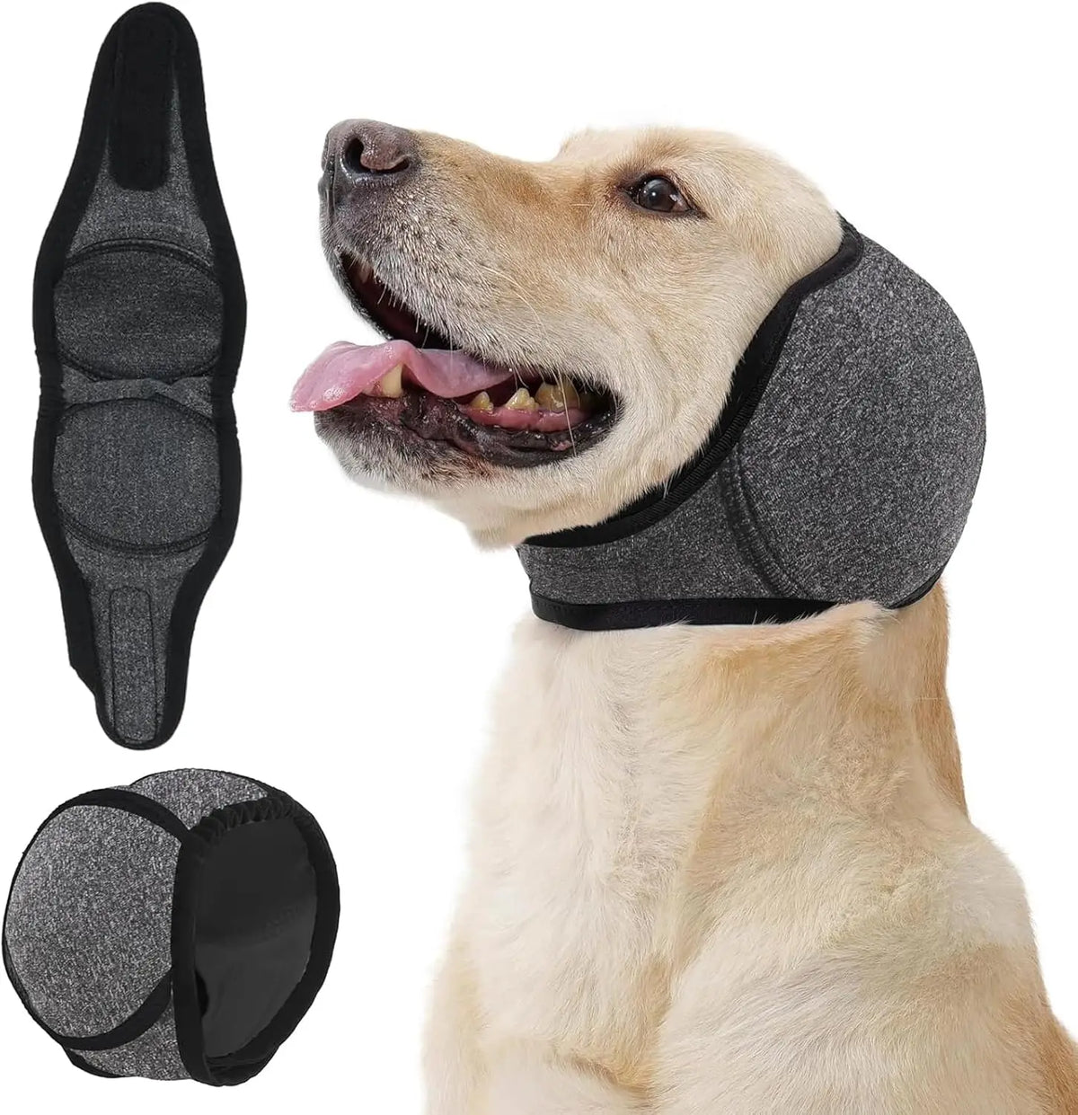 A light-colored dog wearing a gray adjustable ear cover, with separate ear covers shown.