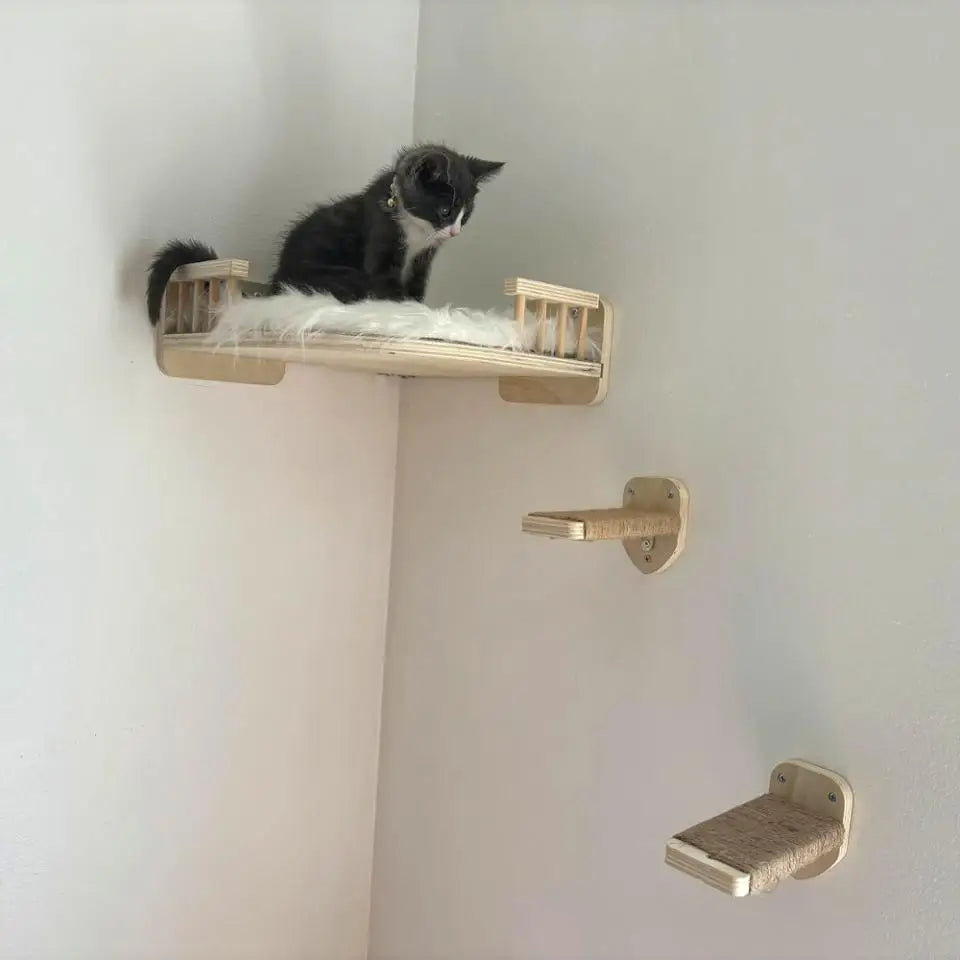 Wall-Mounted Cat Climbing Shelf Set with Hammock and Scratching Posts