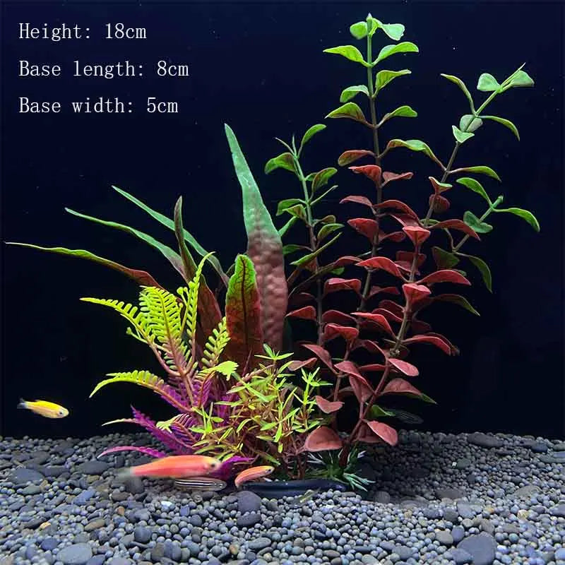 A realistic artificial aquarium plant featuring reddish-brown leaves and green accents planted in dark gravel.
