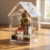 Klares Plastikterrarium in Hausform mit Miniaturlandschaft und Dekorationen.