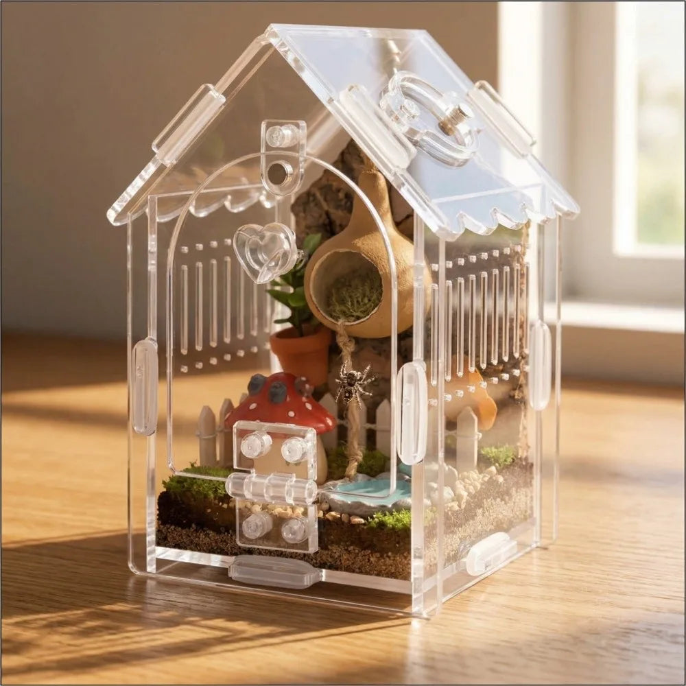 Klares Plastikterrarium in Hausform mit Miniaturlandschaft und Dekorationen.
