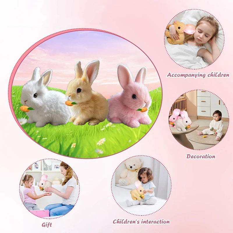 An interactive plush bunny toy is shown in various contexts including accompanying children, decoration, and children's inter