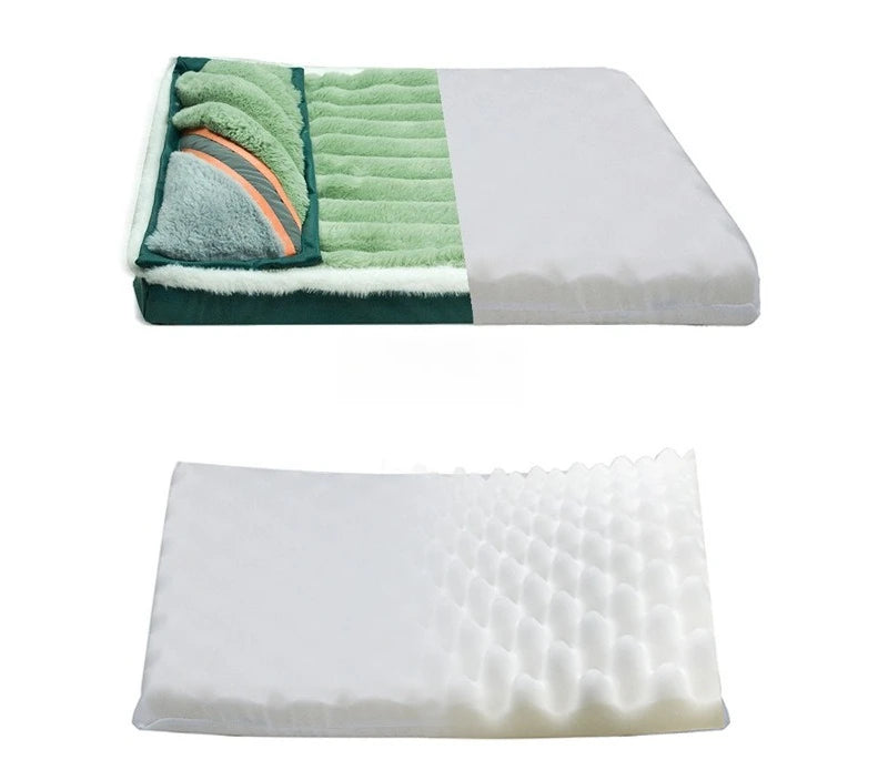 A cozy fleece dog bed with a green and white striped detachable cover shown in two views.