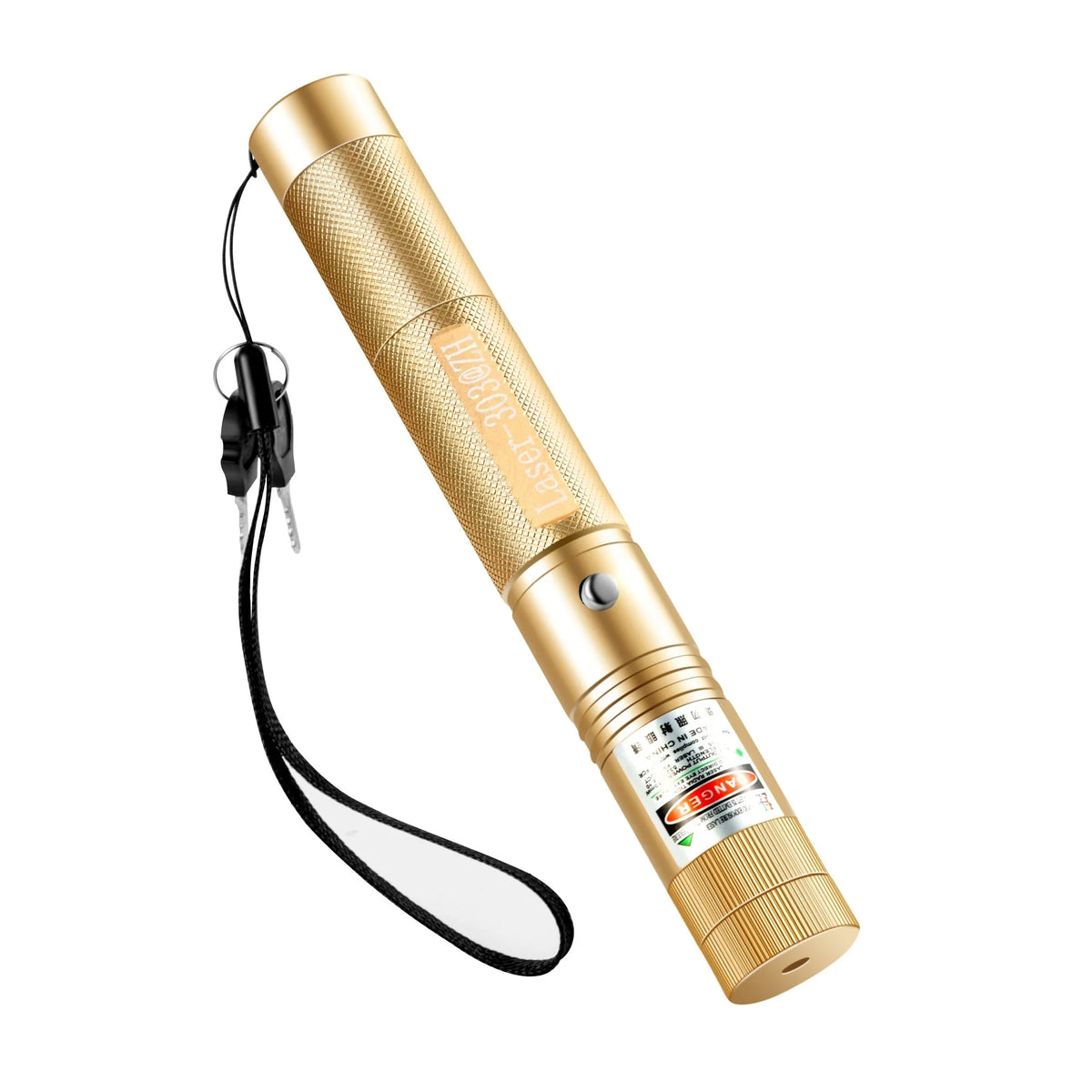 A gold-colored portable laser pointer training torch with a black cord and lens.