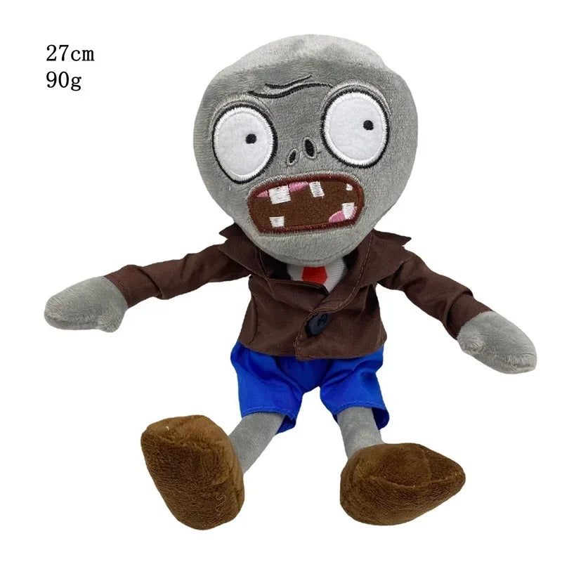 A plush toy of the Plants vs. Zombies Gargantuar with gray skin, brown clothing, and brown feet.