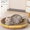 A gray kitten is resting on a woven cat scratching post designed for furniture protection.