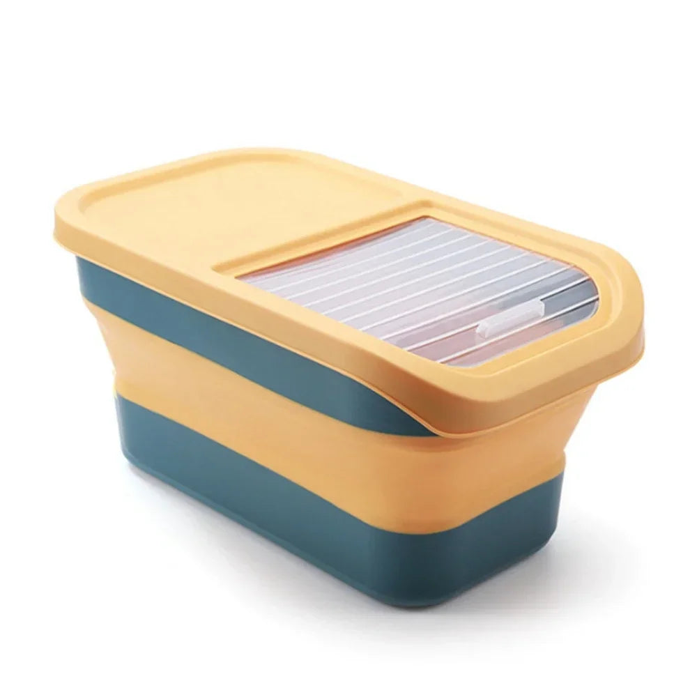 A beige and blue collapsible airtight pet food storage container with a clear sealed lid.