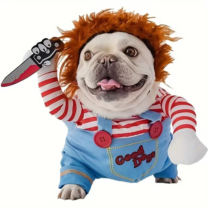 A bulldog dressed as Chucky with an orange wig, red and white striped shirt, and blue overalls.